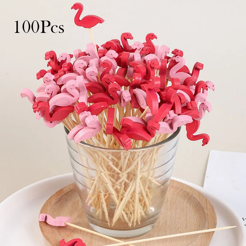 100 Uds. Flamenco Tropical hawaiano selecciones de comida de bambú desechables tenedores de fruta para postre para decoración del banquete de boda de cumpleaños de playa de verano