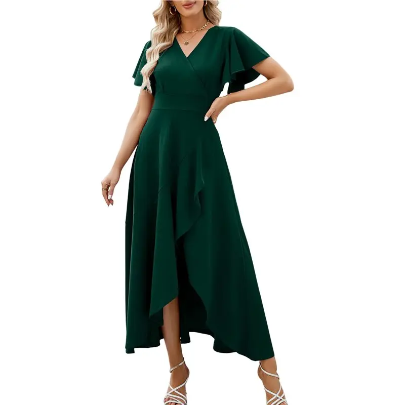 

ABRT-Women's Long Formal Dresses Split Elegant V Neck Wrap Ruffle Wedding Guest Dresses Green XL