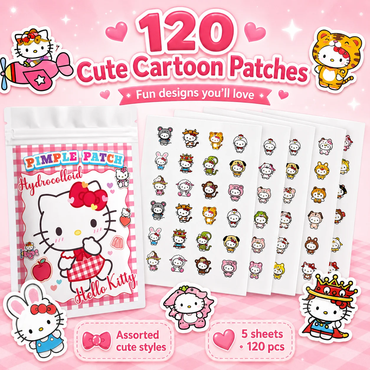120PCS hello kitty Acne patches, facial acne patches, hydrogel acne removal patches, concealer view 4