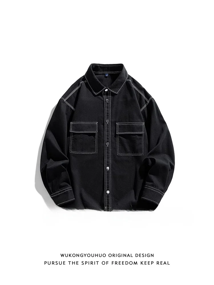 

Loose Men's Long Sve irt Street Sle Color Blo Embroidery Casual Faionable Outerwear for Youth Autumn Season