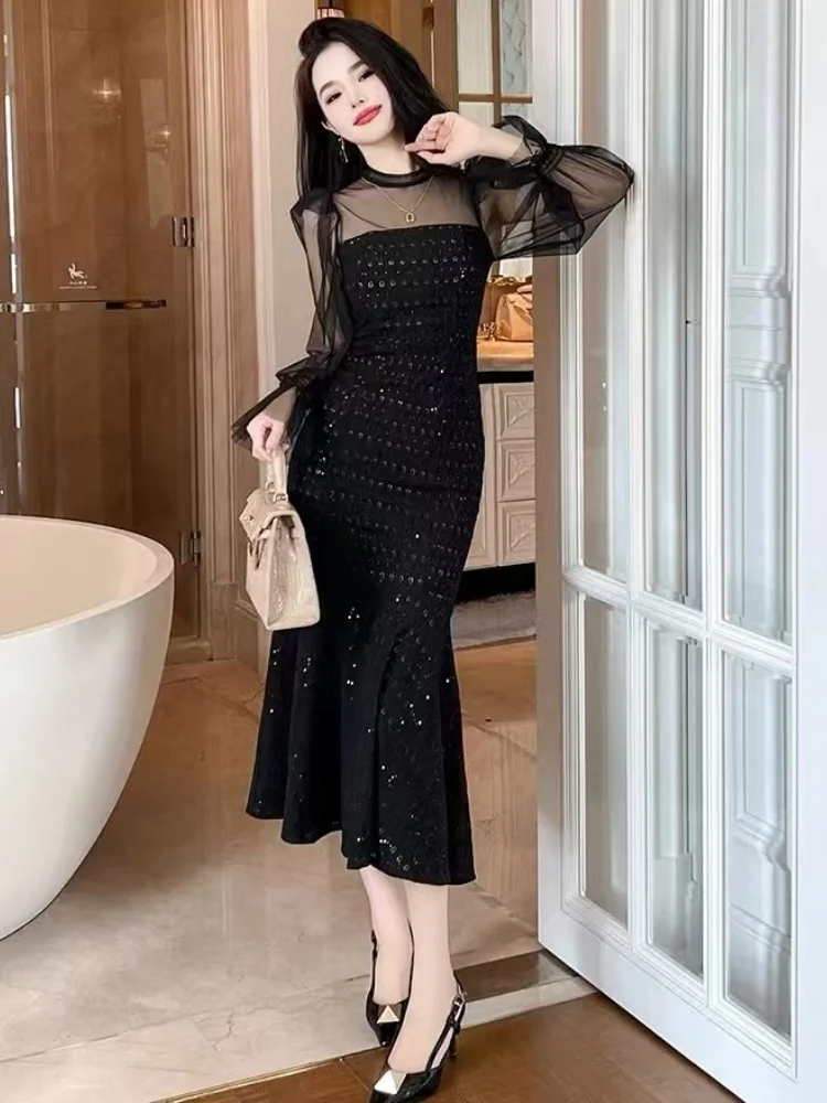 SMTHMA New Autumn Flare Sleeve Slimming Mermaid Dresse Vintage Elegant Patchwork Mesh Temperament Mid Length Party Dresses