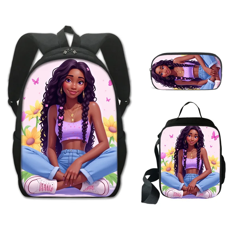 

Cartoon Popular New African Black Girl 3D Print 3pcs/Set Student School Bags Laptop Daypack Backpack Lunch bag Pencil Case