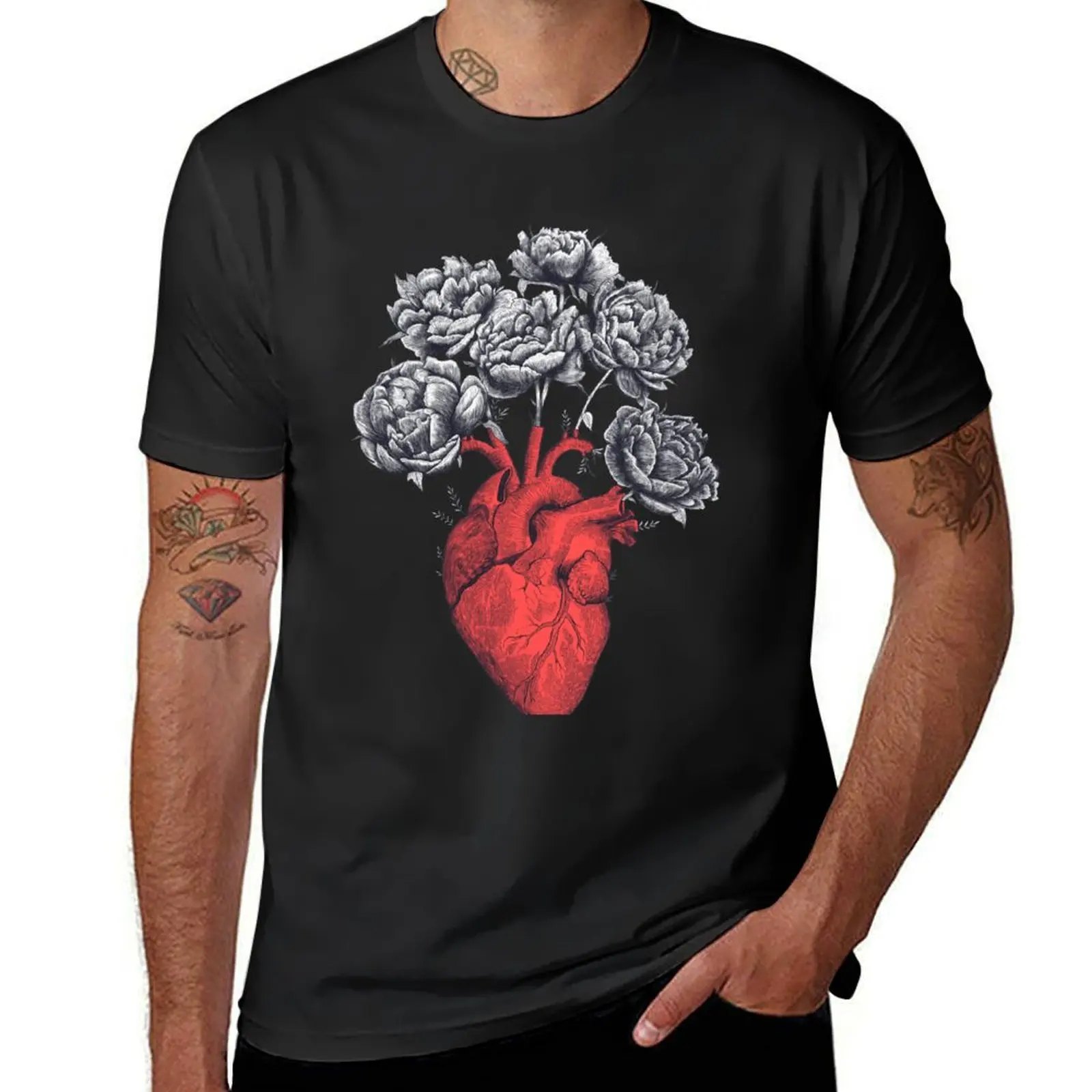 Heart with peonies T-Shirt summer top shirts graphic tees summer tops fruit of the loom mens t shirts