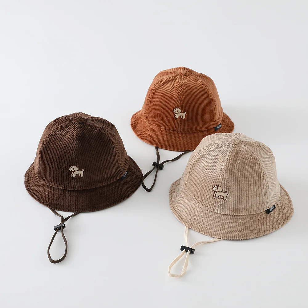 Kids Corduroy Outdoor Leisure Cap 48-50cm Autumn Winter Girls Cartoon Dog Pattern Fisher Hat Boy Bucket Hat Children Caps view 2