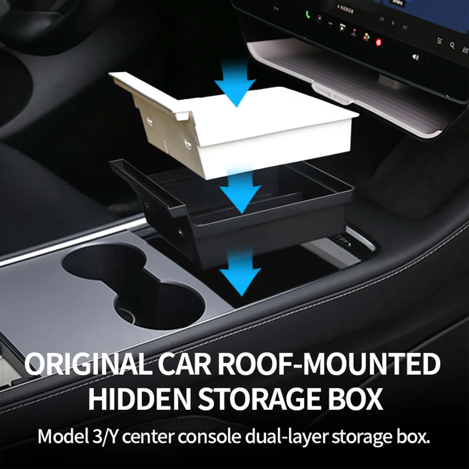 LMTUNING For Tesla 2019-2023 Model 3 Y 5-piece set Storage Box Center Armrest Hidden Box Cup Holder Interior Accessories