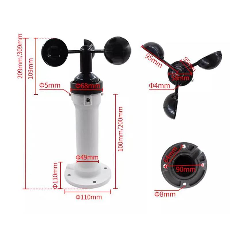 RS485 Anemometer 3 Cup Wind Speed Sensor with Mounting Bracket for Outdoor Vehicle Crane Use