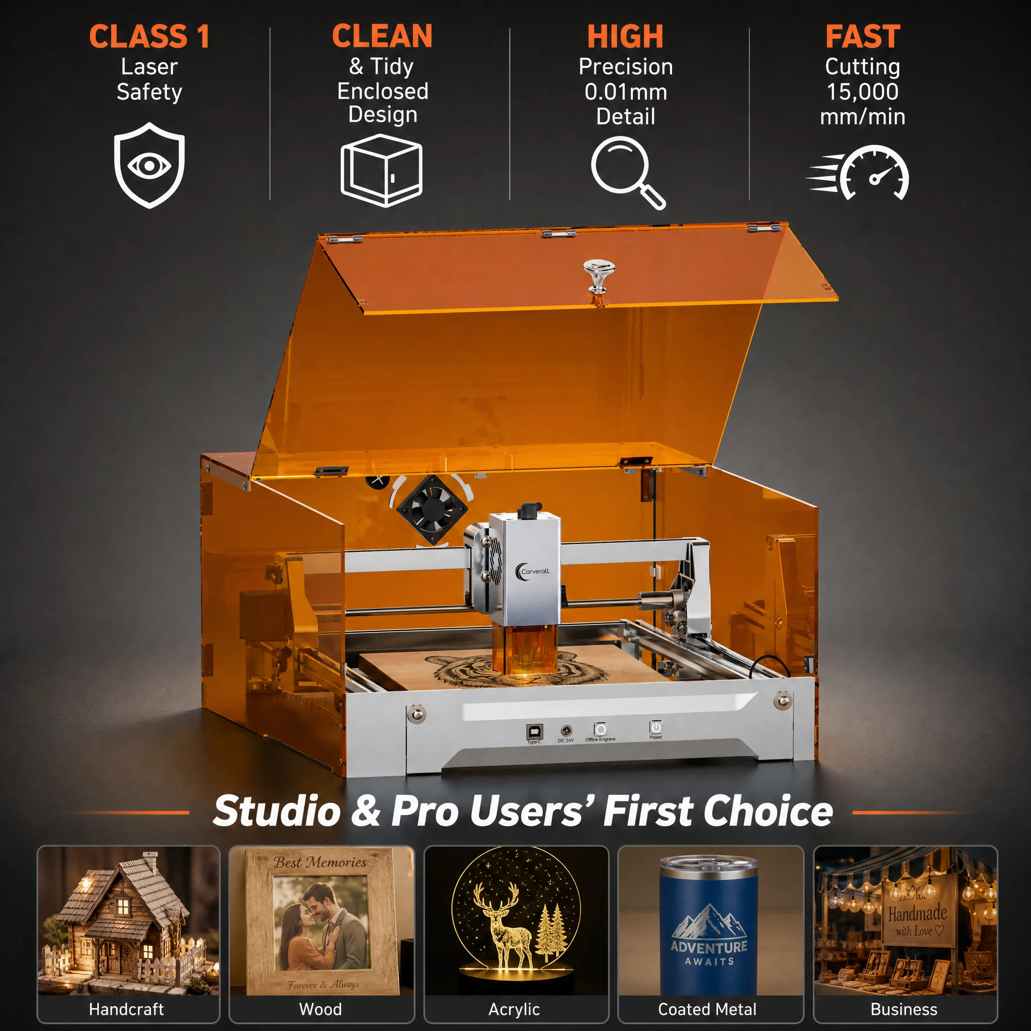 Graveur laser portable Carverall K15Pro, machine de gravure à diode 1W IR 7W 12W, outil de bricolage pour débutants pour le métal, le bois, le cuir, l'acrylique
