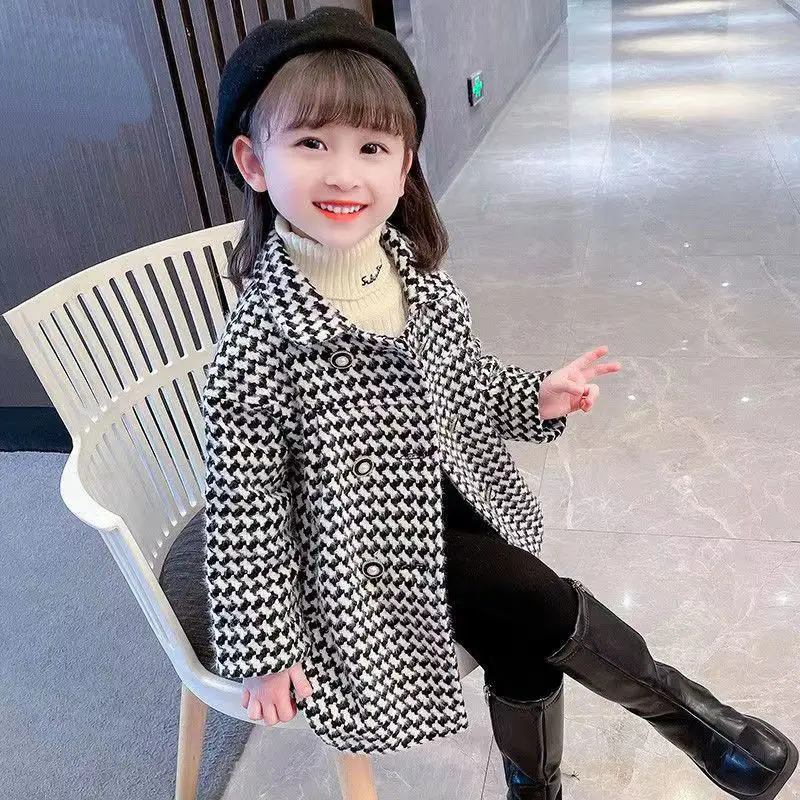 2025 Spring Autumn Girls' Houndstooth Check Wool Blend Coat Korean Fashion Half Collar Streetwear Coat for Tween Girls Warm