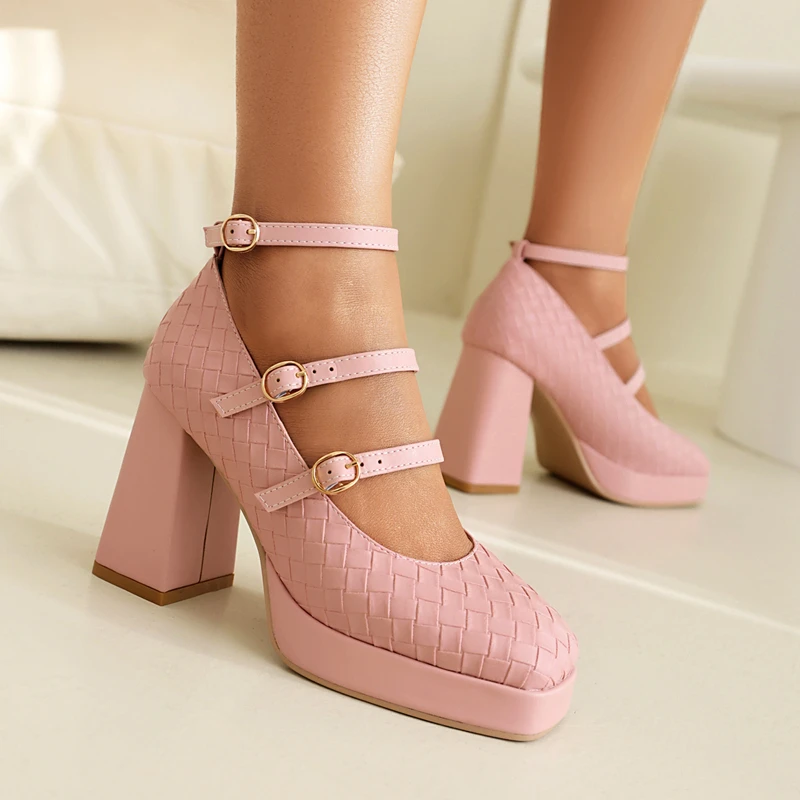 Special Design Weave PU Leather Women Mary Jane Shoes Square Toe Platform Three Buckle Strap Block High Heels Party Pumps Female