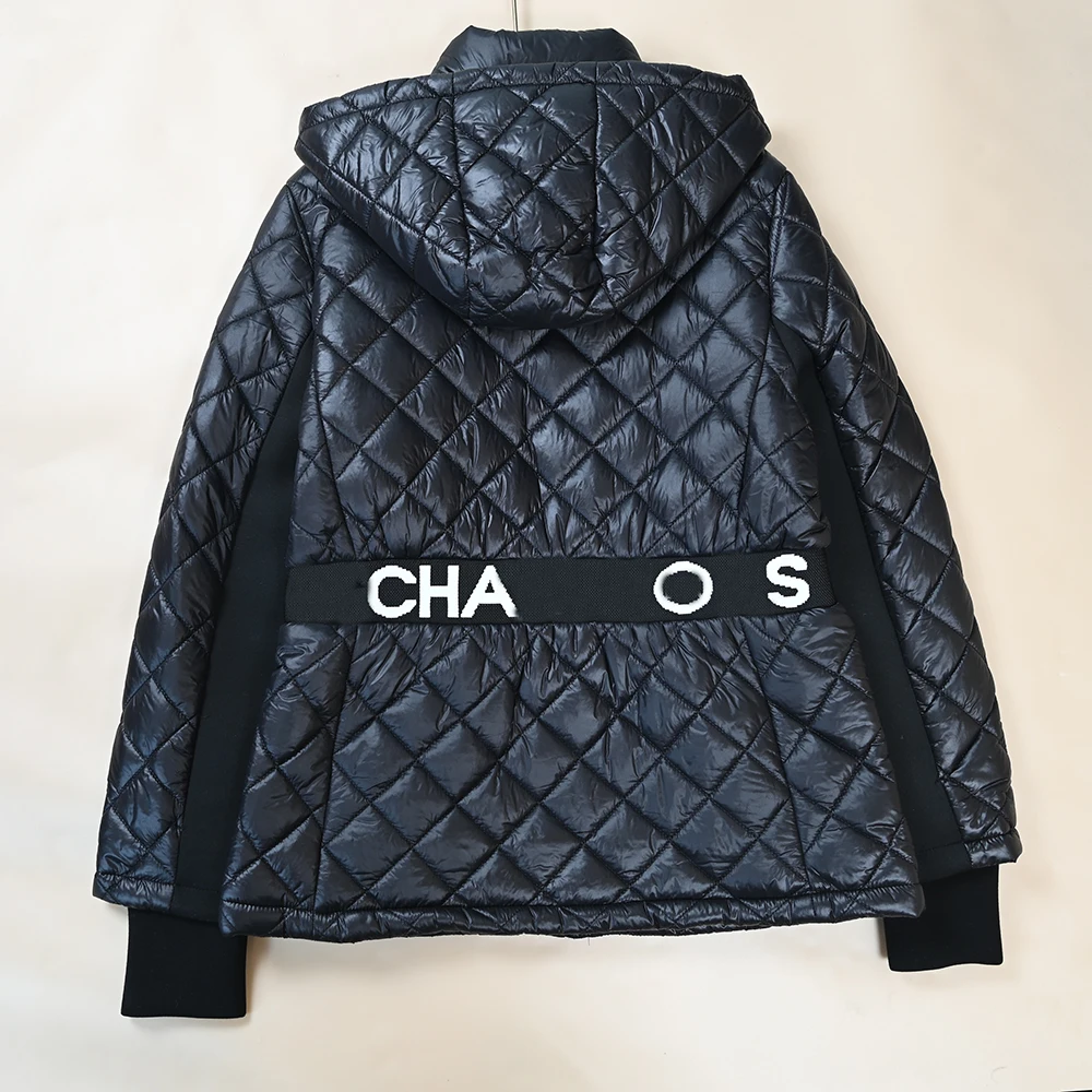 Winter New Women's Casual Quilted Detachable Hat Finger Sleeve Cotton Jacket Bright Surface Diamond Pattern Splicing