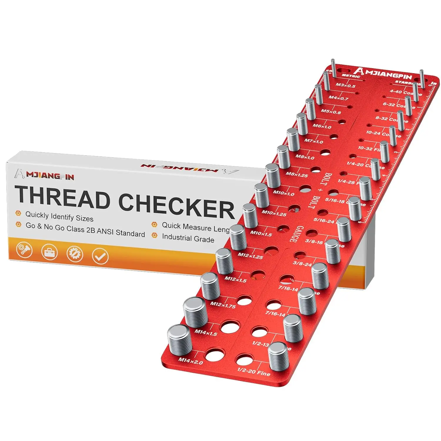 

30 Nut & Bolt Thread Size Checker, 15 Standard & 15 Metric, Wall-Mounted Stainless Steel Gauge with Inch & Metric Sizes