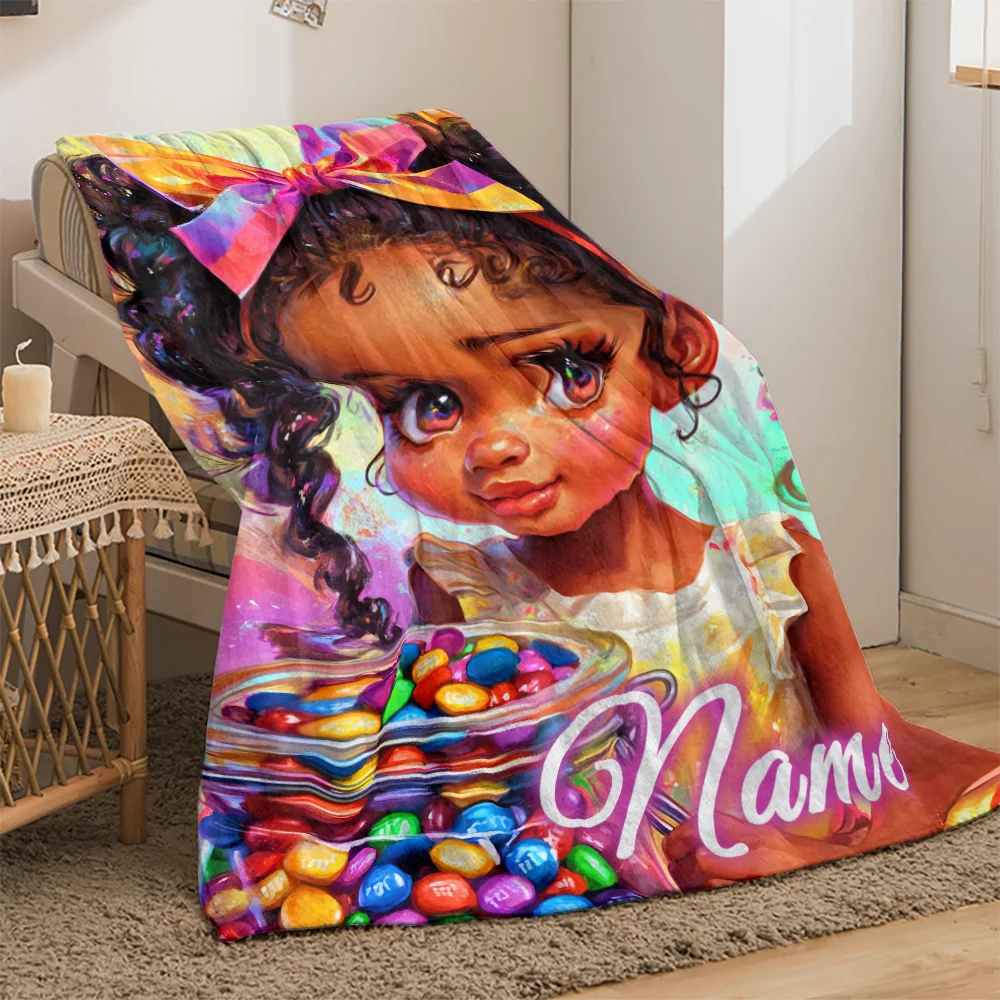 Cobertor de flanela de menina preta com nome personalizado, adequado para sofá, cama, aniversário, crianças, meninas, família, amigos, presentes
