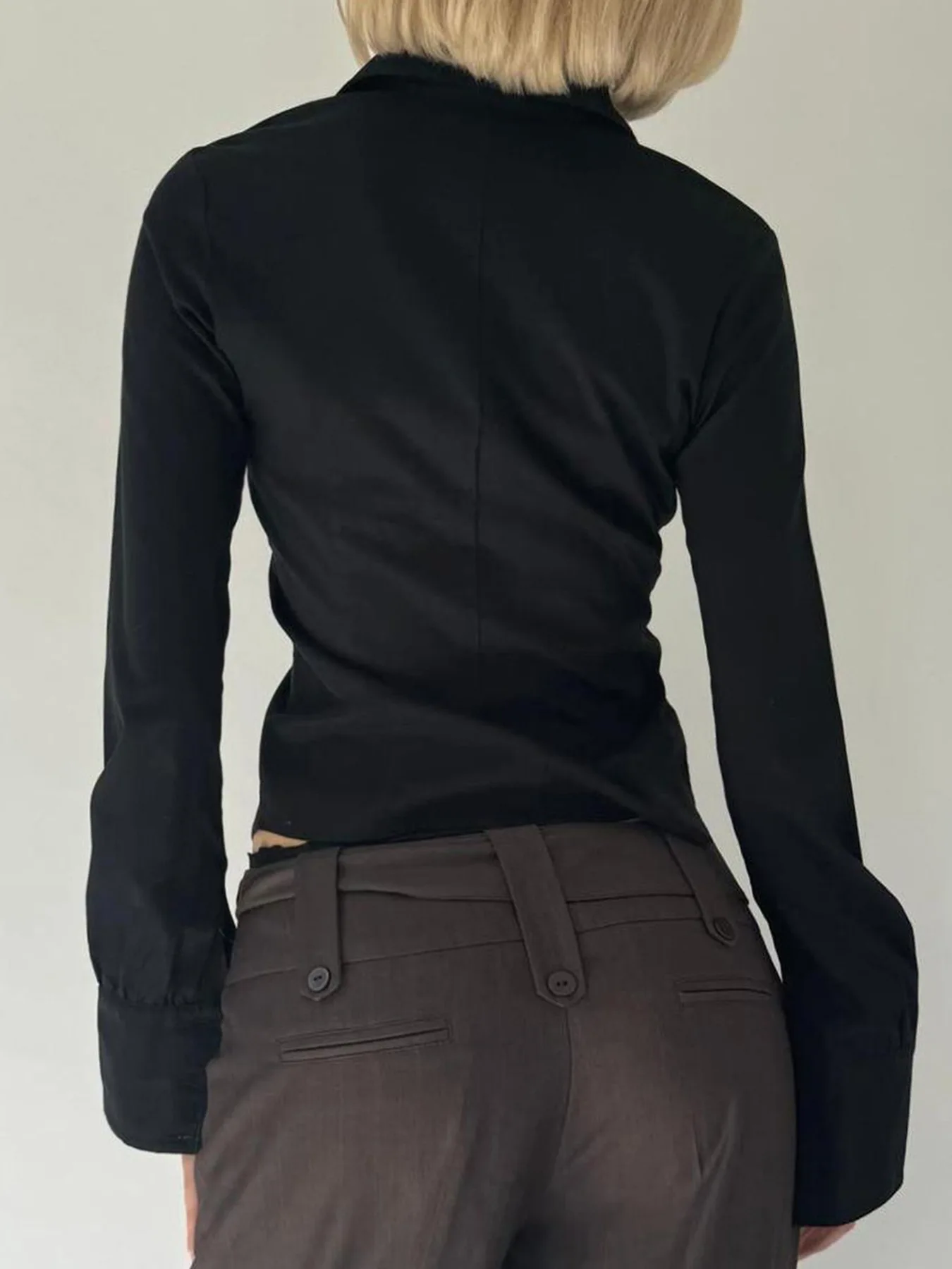 ใหม่จีบหน้าอกตะขอห่วงคาร์ดิแกนแขนยาวเปิดลงปกเผ็ดสาวเอว cinching เสื้อ