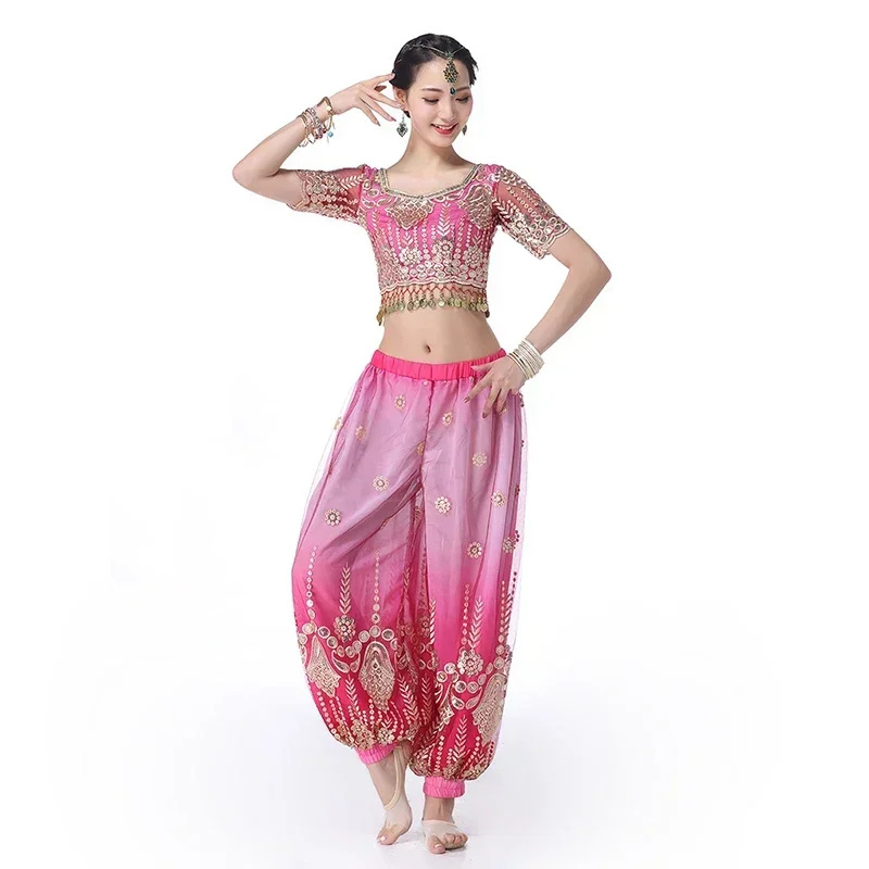 Halloween Women Belly Dance Wear Indian Dance Outfits Embroidered Bollywood Costume Set Top and Pantalettes