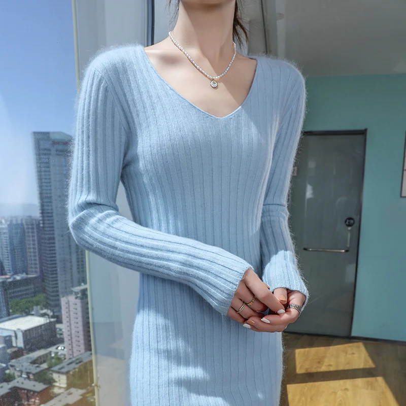 2026 Autumn And Winter New Style 100% Mink Cashmere Women's V-Neck Pullover Knitted Sweater Slim Fit Long Sleeved Sweater Top