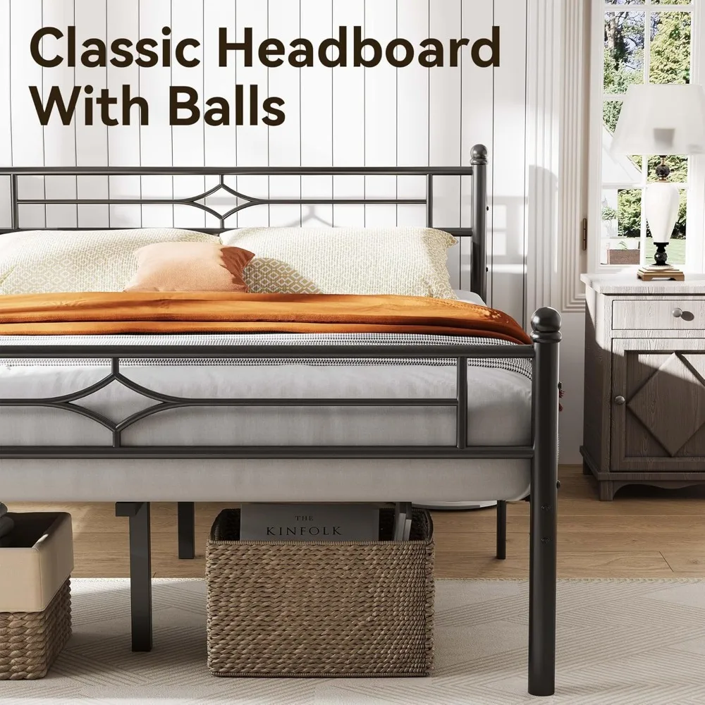 Estrutura de cama dupla de metal clássico com suporte de ripas de aço e armazenamento embaixo da cama 12,5