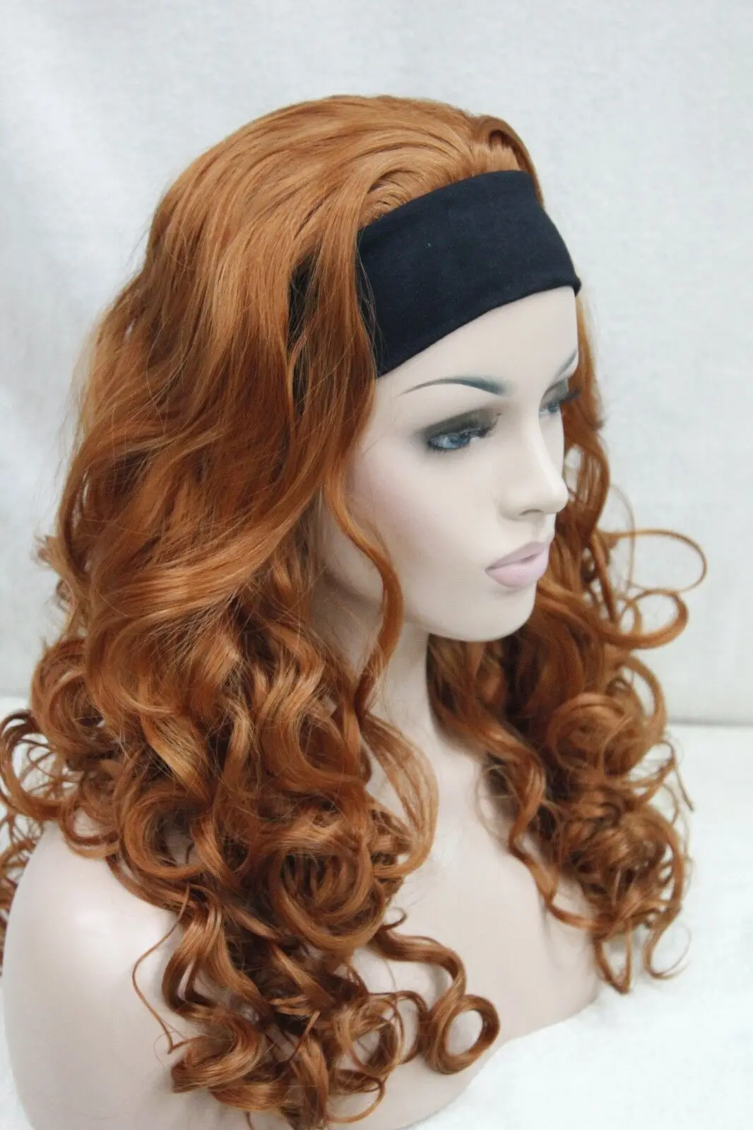 Wig Hivision 3/4 dengan Bando, oranye coklat 130A panjang keriting setengah wig untuk wanita