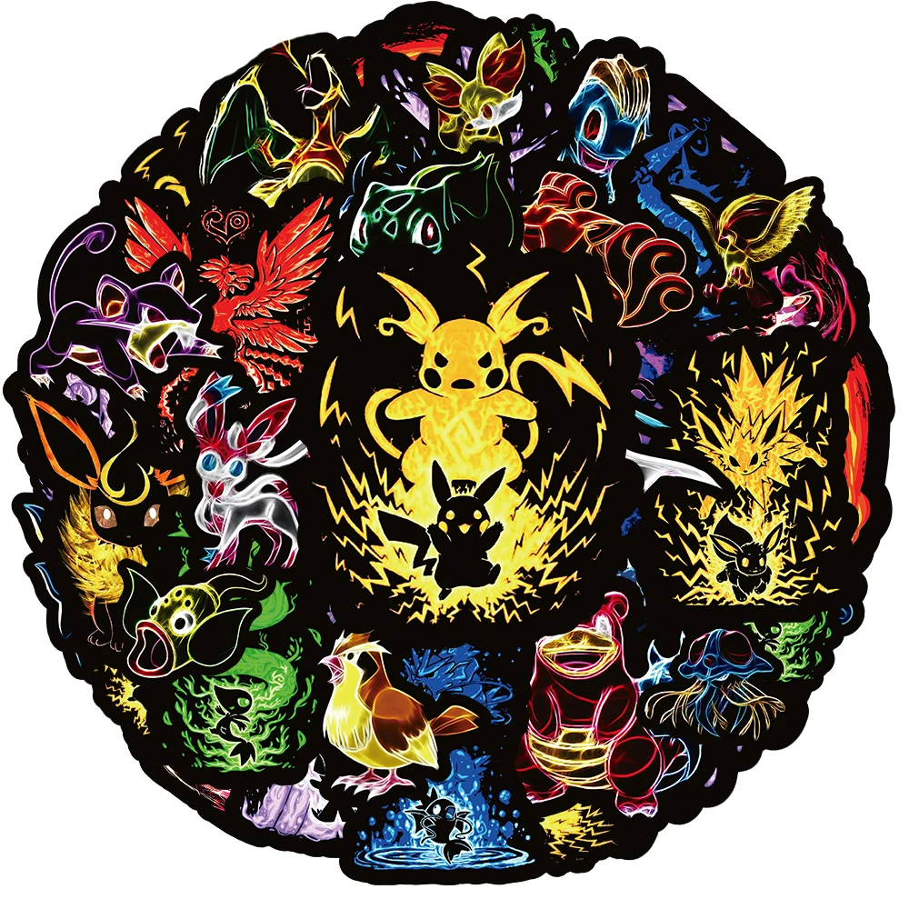 10/30/50/100pcs Anime Pokemon Neon Light Stickers Cartoon Pikachu Eevee Decals Phone Skateboard Notebook Cool Graffiti Sticker