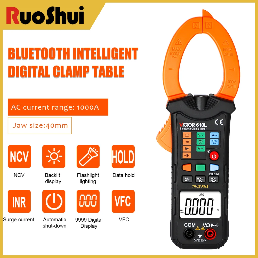 

Victor 610L Bluetooth Intelligent Digital Clamp Meter 1000A AC Current Range 40MM Jaw Size 9999 Display Smart VFC NCV Tester