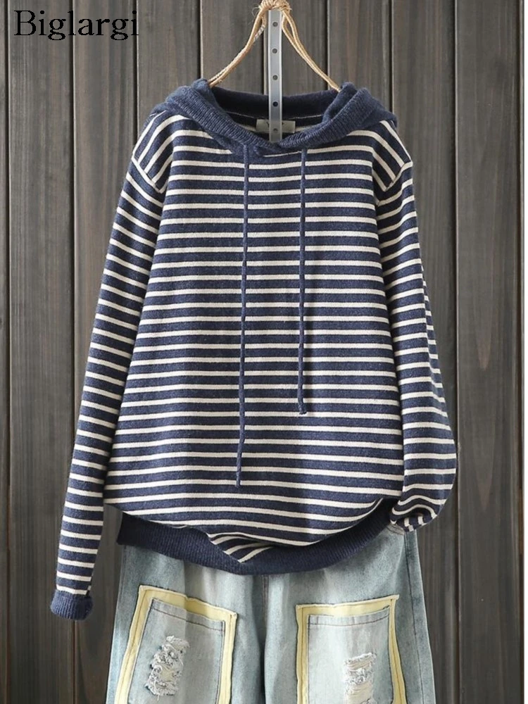 

Oversized Knitted Autumn Hooded Striped Print Pullover Sweater Women Casual Loose Ladies Sweaters Fashion Woman Sweatshirt
