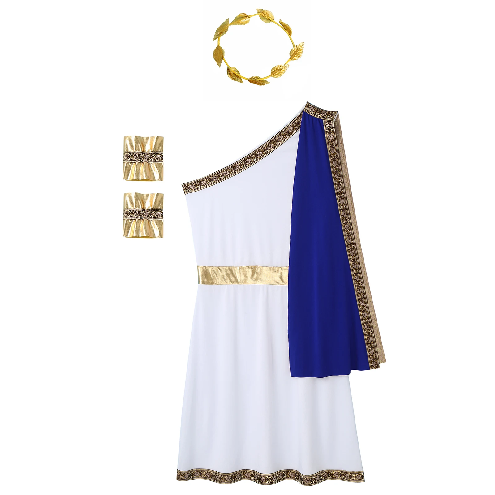 Toga grega antiga Cosplay masculino uniforme, traje de Halloween, vestido de um ombro robe, mangas, folhas douradas, guirlanda Headwear