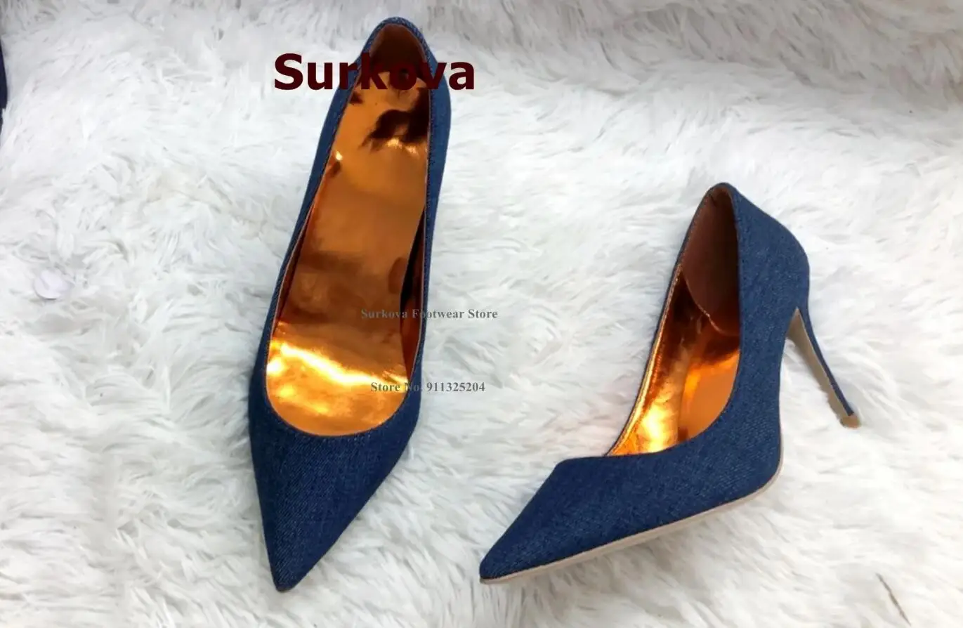 Surkova Blue Denim Golden Lining Inside 12cm High Heel Shoes Pointed Toe Shallow Jeans Pumps 10cm 8cm Slip-on Dress Footwear