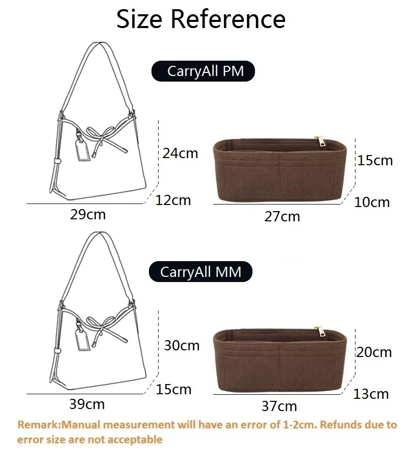 For LV Carryall PM Felt Cloth Insert Bag With Zipper Fit Luxury Handbag Cosmetic Bag Travel Mommy Bag Liner