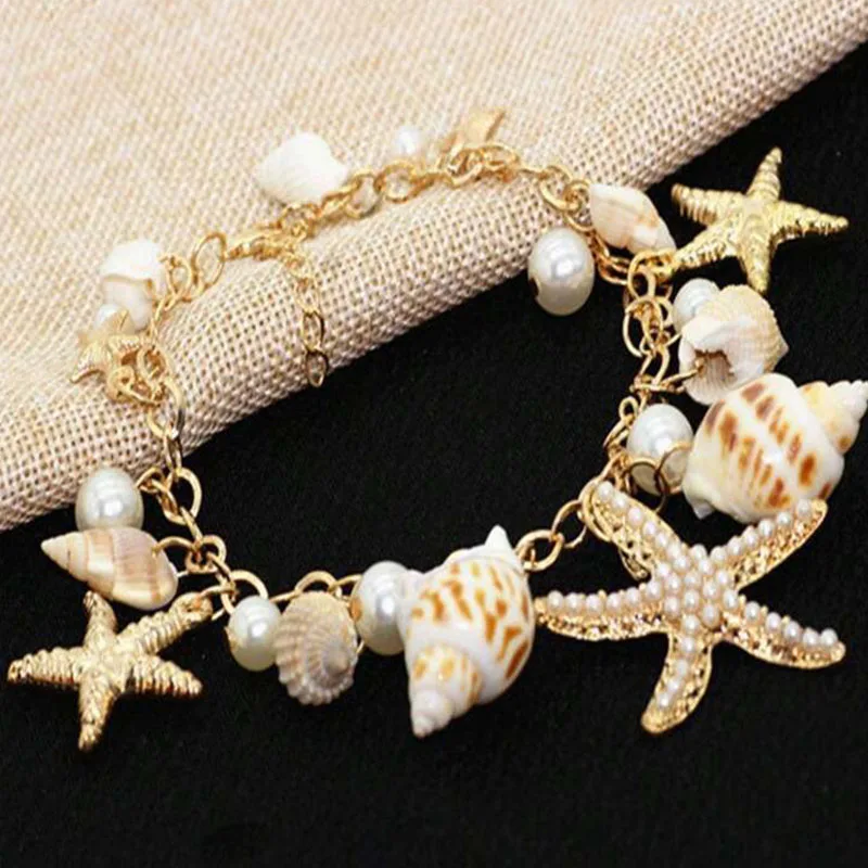 

Boho Summer Beach Natural Starfish Shell Cute Adjustable Gold Plated Ocean Multi-style Chain Beach Bracelet Charm Jewelry Gifts