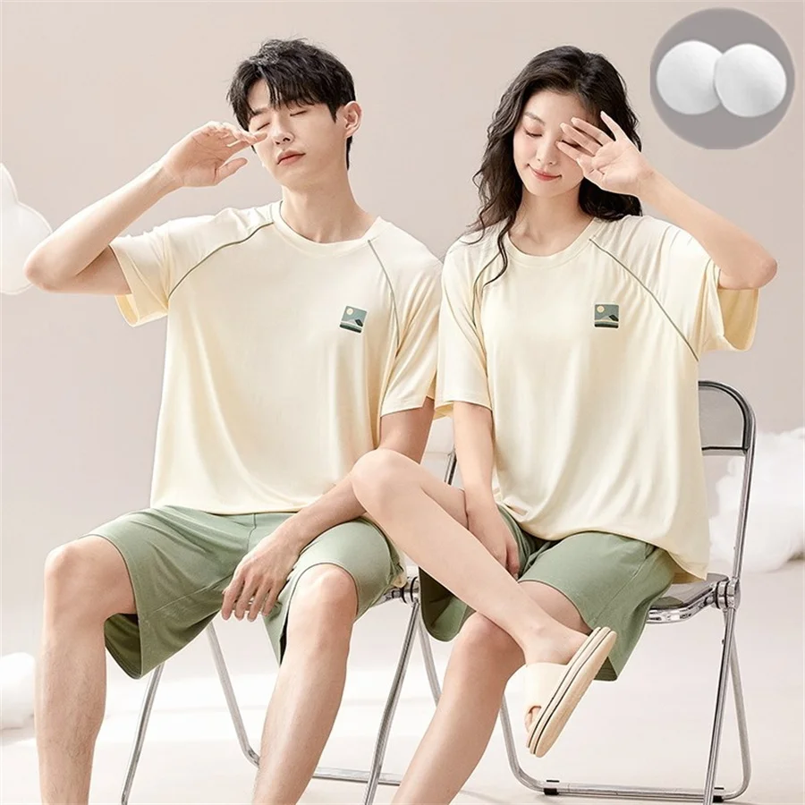 Summer Couple Pajamas Set Short Sleeve O-Neck T-shirt and Shorts Women Modal Sleepwear with Bra Pad Men Home Clothes Loungewear