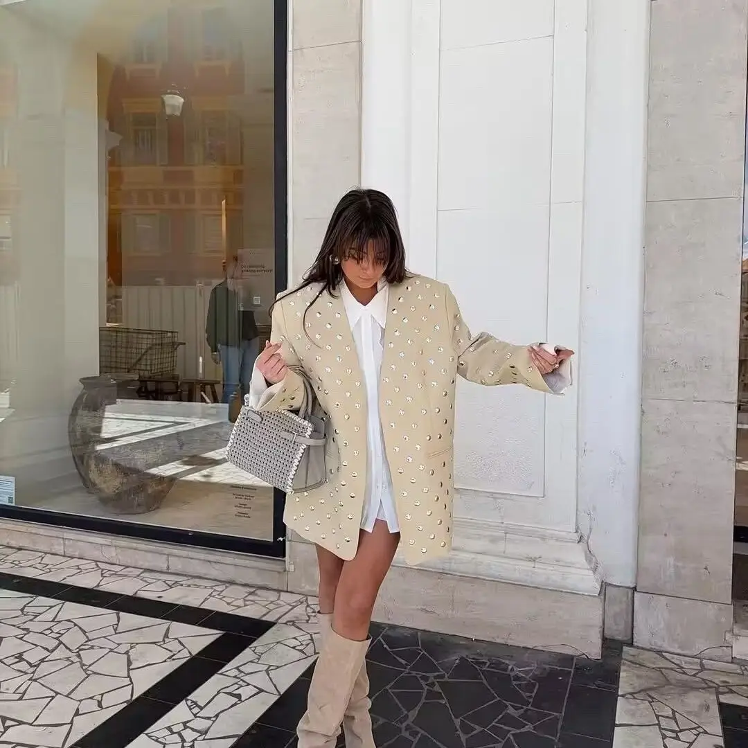 Luxury Women Sequins Blazers Coat Rivets Long Sleeve Loose Suits Jacket OL Beading Cardigan V-neck Outwear Long Sleeve Tops