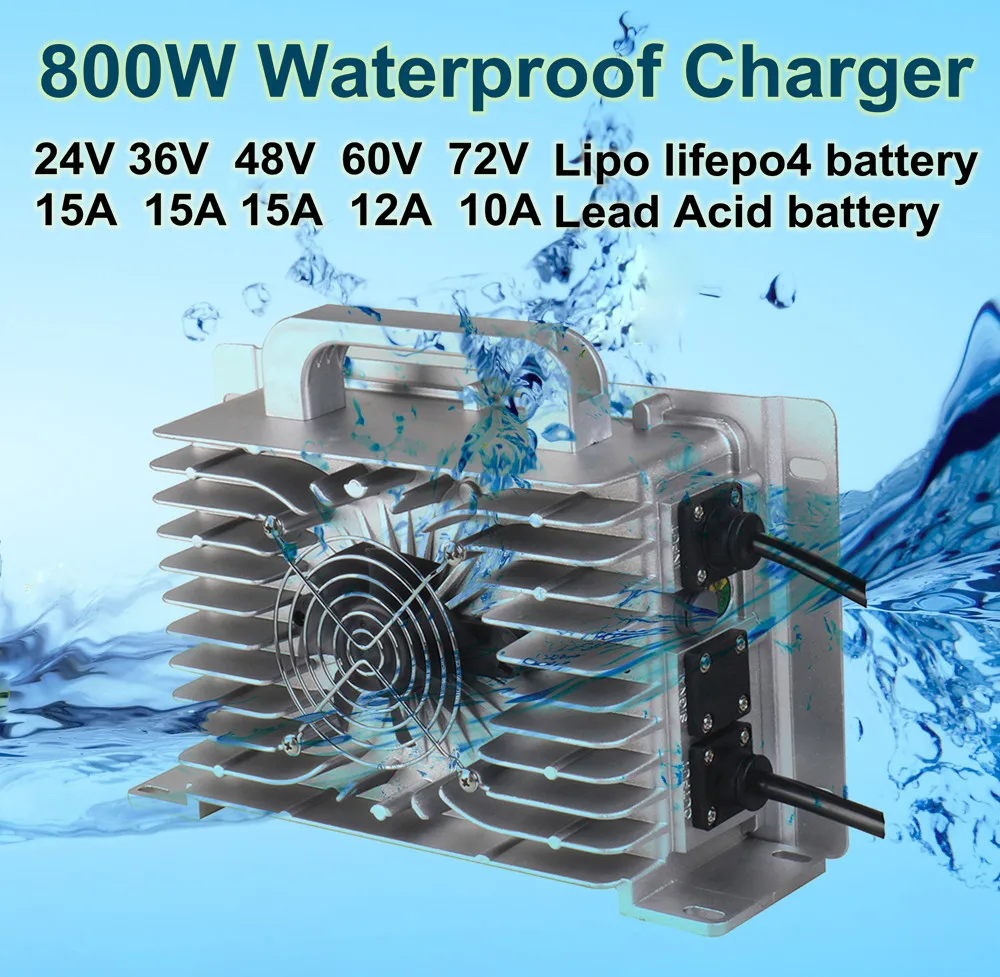 

800W waterproof IP67 Vehicle car charger 12V 24V 36V 48V 60V 12A 15A 20A vessel ship speedboat lipo lifepo4 lead acid batterys