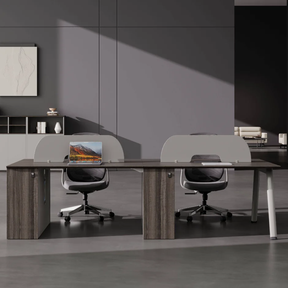 Modern Open Desk With Metal Leather Legs, Modular Workstation Furniture, Wooden Panel Style Open Office Furniture
