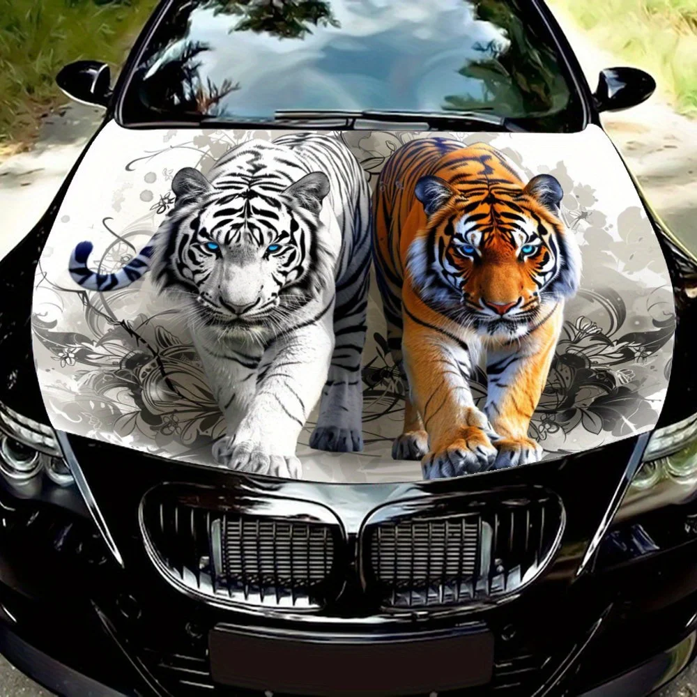 Tiger Path: Powerful Forward Graphics with Floral Background; Car Vinyl Wraps, Vinyl Car Hood Graphics, Instant Engine Power and