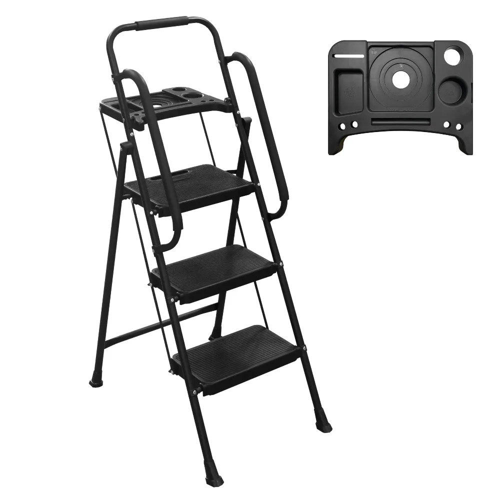 3 Step Ladder with Handrails Folding Step Stool with Tool Plateform, 330 lb Capacity Step Stools for Adults Portable