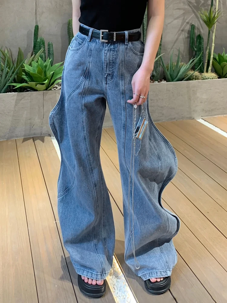 VGH Wave Design Spliced Button Casual Jeans For Women High Waist Patchwork Pockets Loose Denim Wide Leg Pants Female Clothing