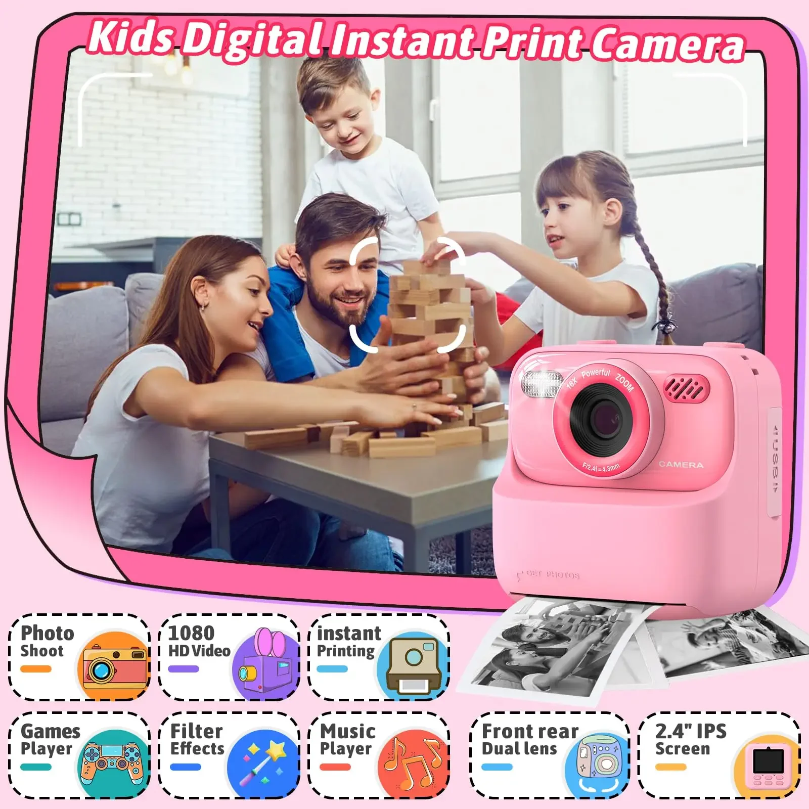 Kids Camera Instant 1080P HD Dual Lens Selfie Digital Camera for Girls Boys Christmas Birthday Gifts Toys With 32G Print