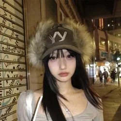 Embroidery Corduroy Thunderbolt Cap Imitation Fur Letters Korean Winter Spicy Girl Thickened Warm Ear Protection Duck Tongue Hat