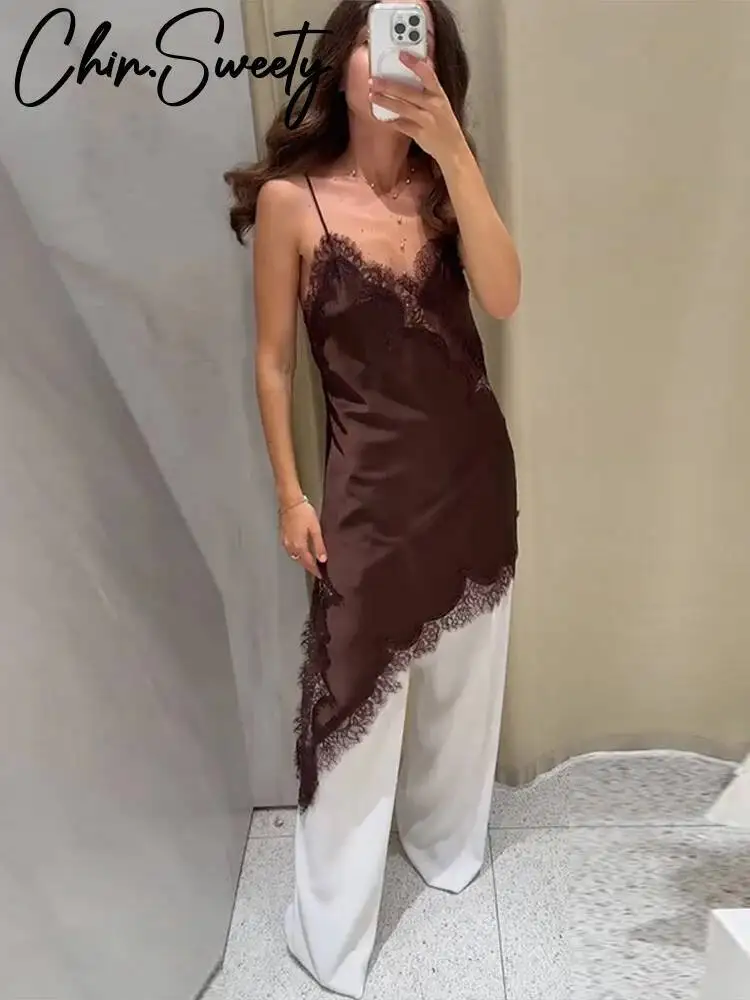 Vintage Brown Lace Patchwork Women Dress Sexy Sleeveless Backless Female Dresses 2025 Summer Autumn Party Lady Robe New