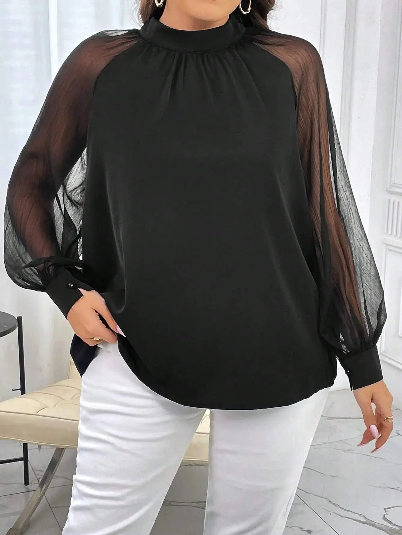 Plus Size 1XL-5XL Women\'s Elegant Solid Semi Sheer Mesh Raglan Sleeve Mock Neck Temperament Commuting Lantern Sleeved Blouse