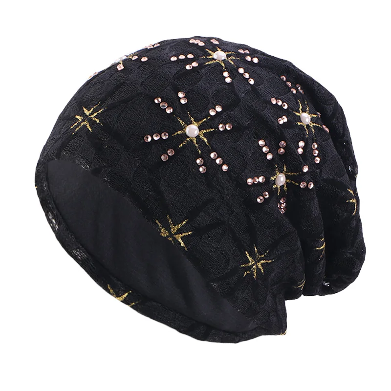 Fashion Lace Rhinestones Breathable Turban Hats Bonnet for Women Ethnic Style Muslim Hat Ladies Beanies Cap Headscarf