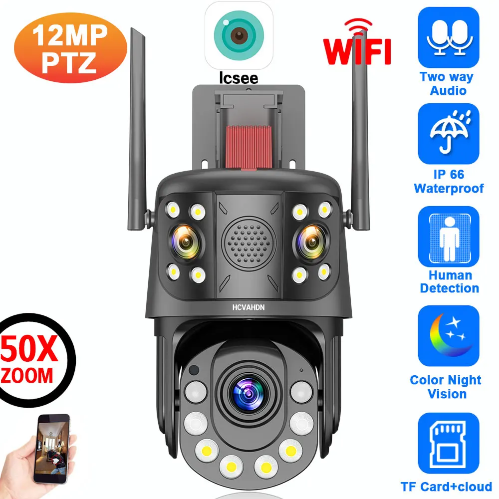 camera de vigilancia wi fi ptz 4k 12mp ambiente externo tres lentes zoom 50x sem fio cctv camera de seguranca cor visao noturna icsee ip cam 01