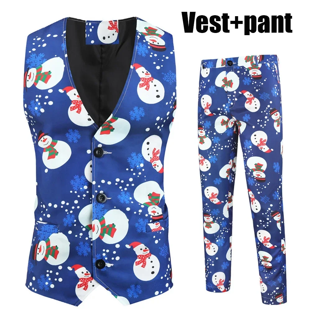 Men Fashion Christmas Printed Suit Two-piece Dress Suits (Pants + Vest) Luxury Business Casual Wedding Formal Party Classic Suit