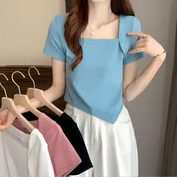 Y2K Casual T-shirt Women Summer Sexy Crop Top Woman Short Sleeve Tee Shirt Femme Vintage Solid Patchwork Korean Tshirt Clothes