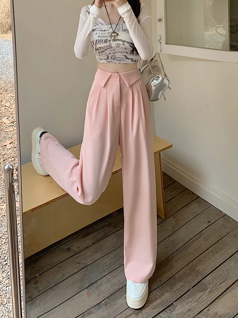 

Брюки-костюм с высокой талией и свободным прямым кроем для женщин больших размеров, повседневные брюки, модный дизайн в корейском стиле