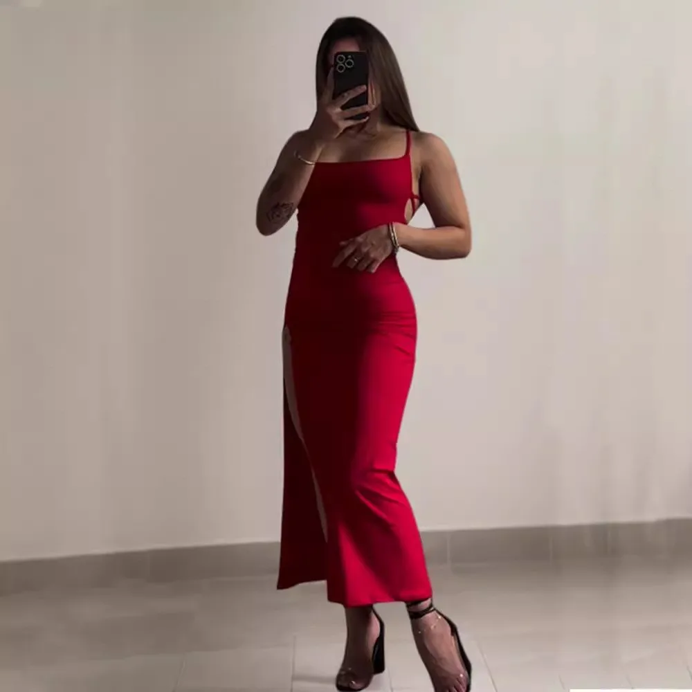 

Sleeveless Halter Straps Backless Slit Dress Sexy Summer Women's Slim Solid Color Long Dress Elegant Party Dresses Ropa Mujer