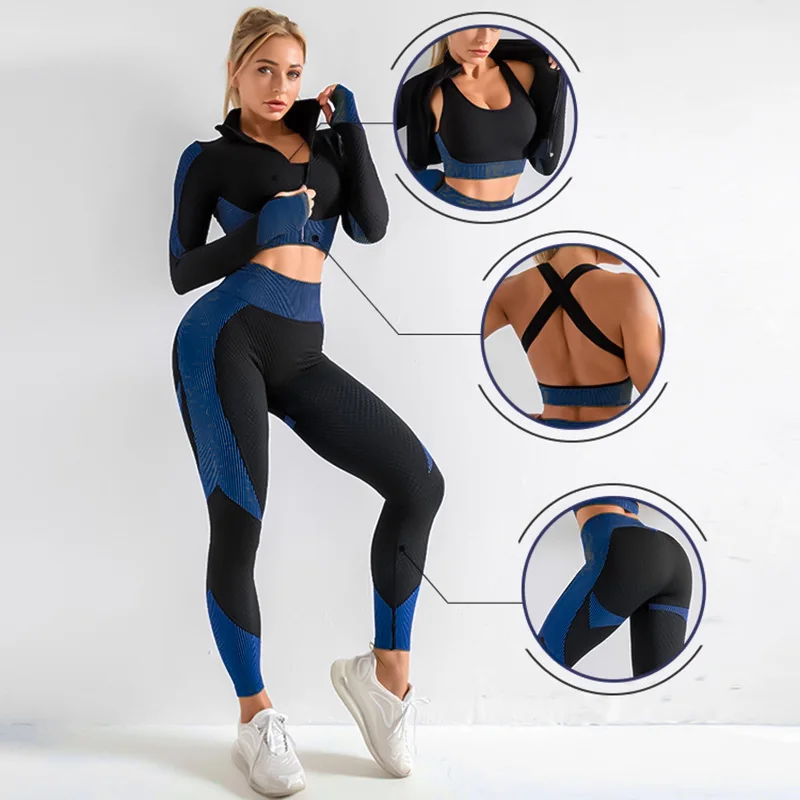 

Women's 3 Piece Tracksuit Workout Set - High Waist Leggings and Crop Top