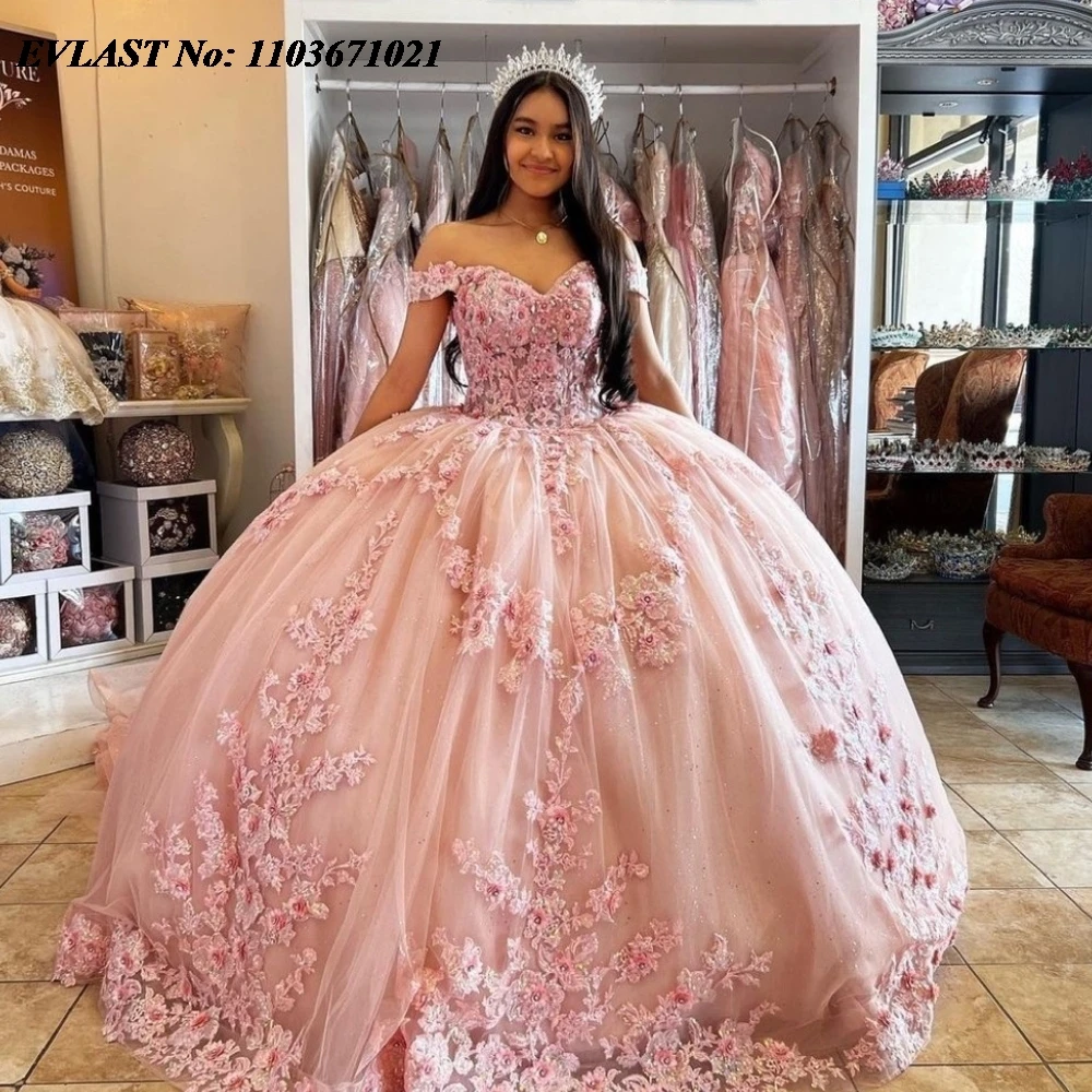 EVLAST Customized Pink Quinceanera Dress Ball Gown Lace Applique Beaded Mexico Corset Sweet 16 Vestidos De 15 Anos SQ752