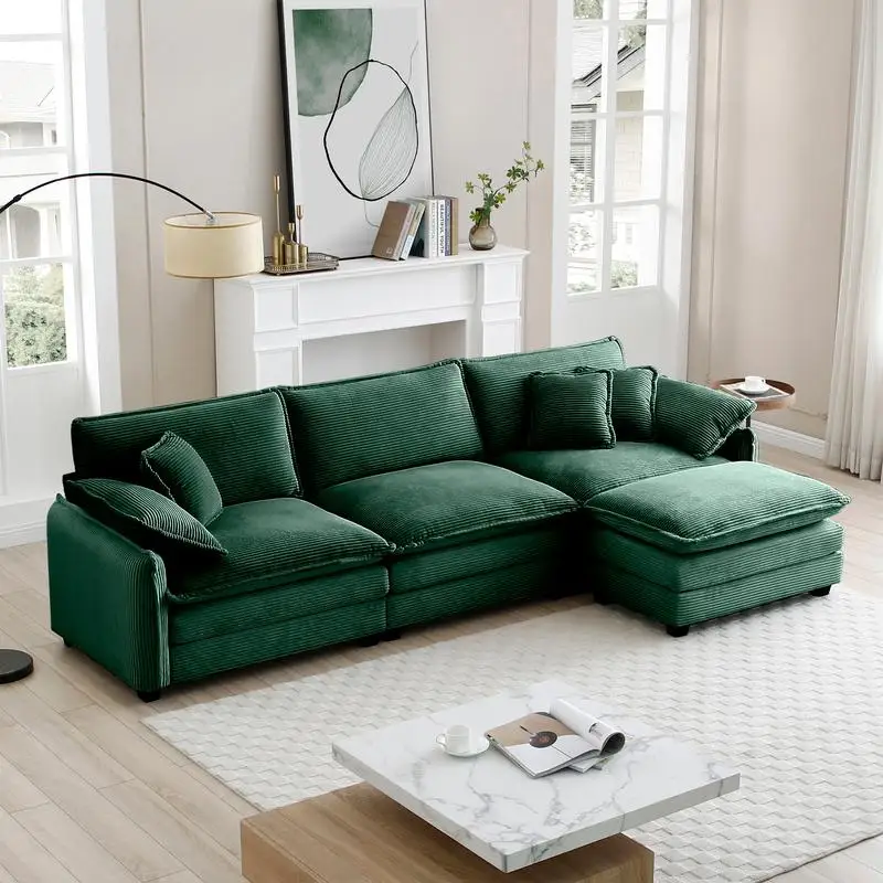أريكة مقطعية كبيرة الحجم على شكل حرف L مكونة من 3 مقاعد مع مسند قدم عثماني لغرفة المعيشة، أريكة سروال قصير أخضر #1
