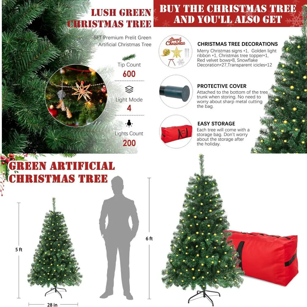 

5-Foot Pre-Lit Green Artificial Christmas Tree with 600 PVC Tips and 200 Warm Lights for Holiday Decor