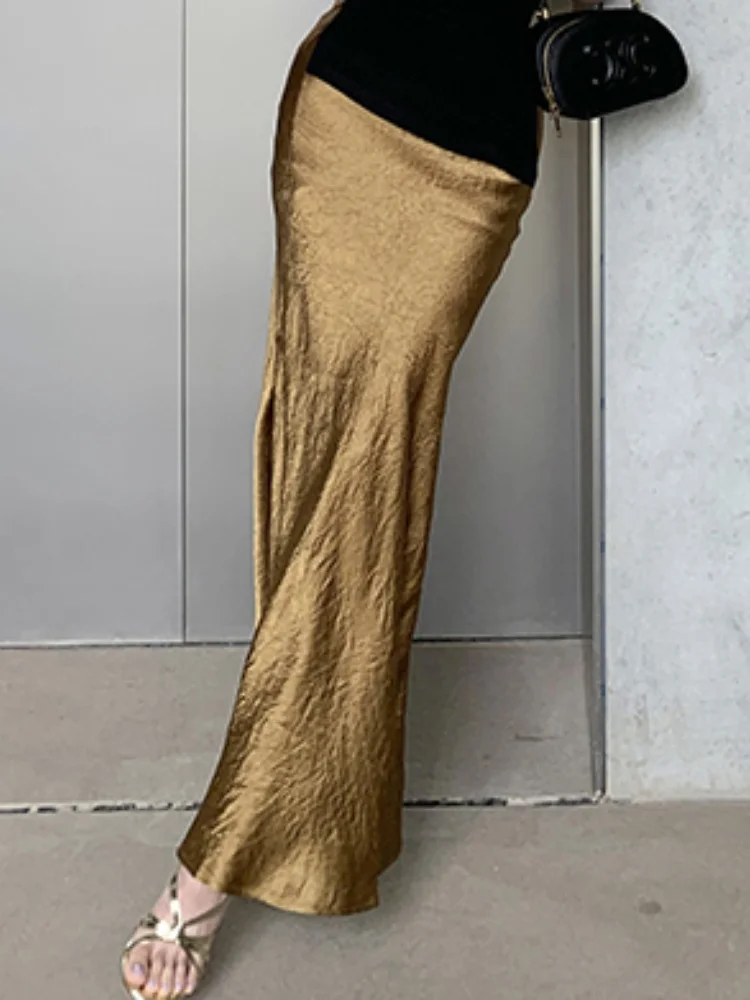 SMTHMA 용수철 여성 하이웨이스트 슬리밍 스플릿 롱 스커트, 식초 새틴 솔리드 스커트, 캐주얼, 여름 신상